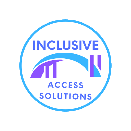 Inclusive Access Solutions Logo, a circle with a white background including a blue and purple artistic bridge between the words Inclusive Access Solutions.